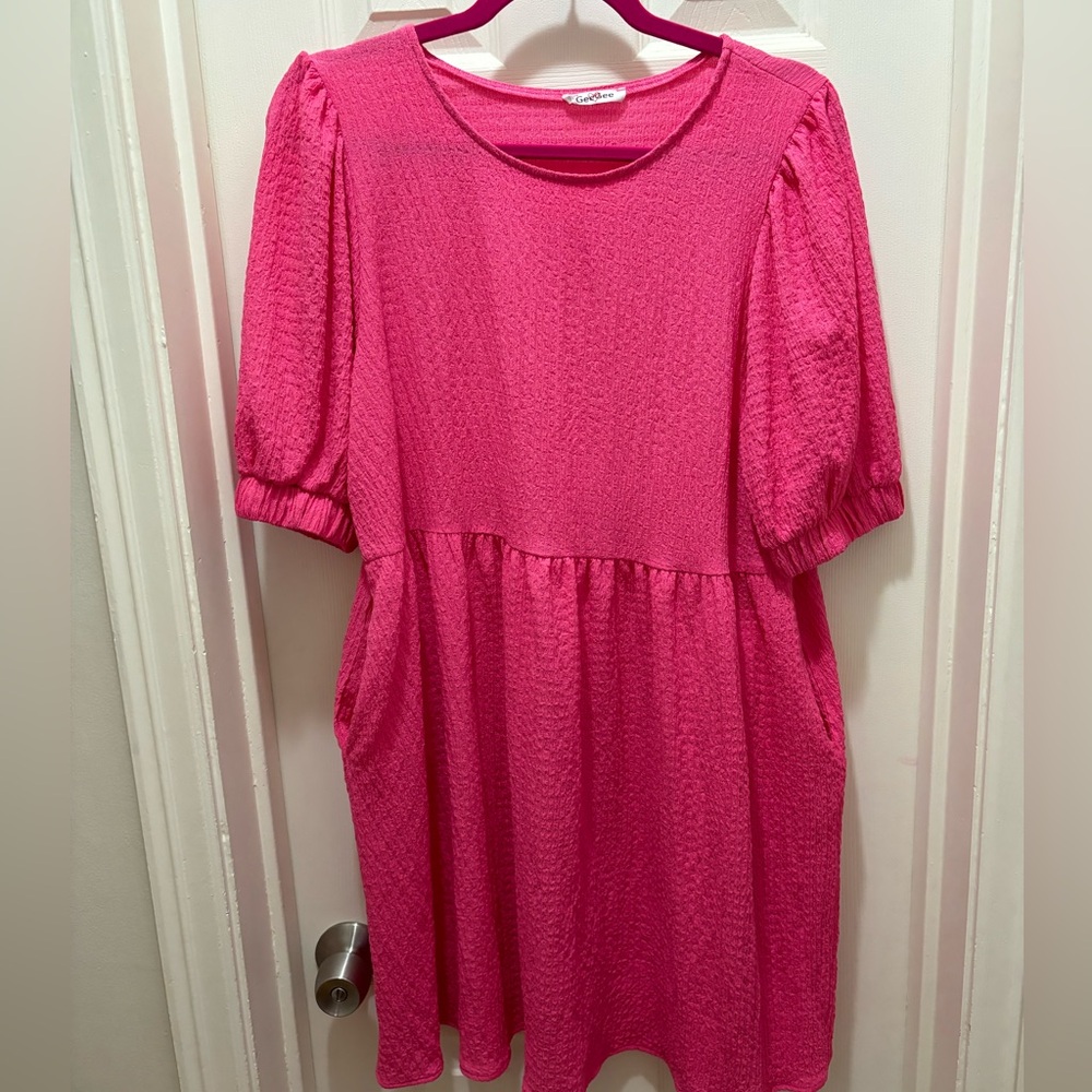 Vibrant Pink Puff Sleeve Mini Babydoll Dress